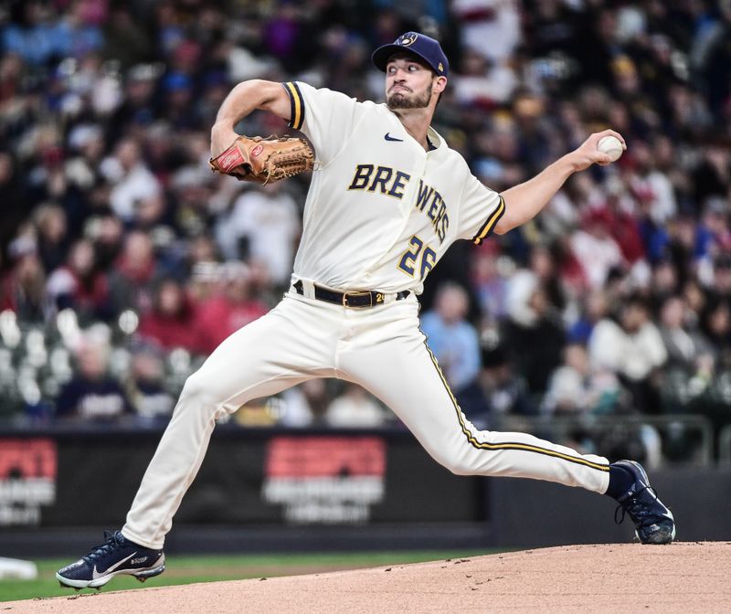 Apr 17, 2022; Milwaukee, Wisconsin, USA;  Milwaukee Brewers pitcher Aaron Ashby (26) throws a pitch in the first inning against the St. Louis Cardinals at American Family Field. Mandatory Credit: Benny Sieu-USA TODAY Sports