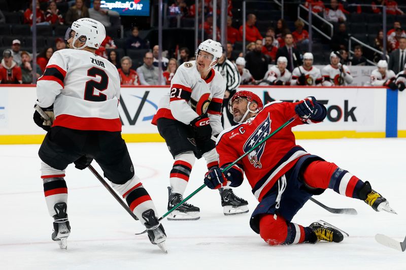 Oct 25, 2025; Washington, District of Columbia, USA; Washington Capitals left wing Alex Ovechkin (8) shoots the puck as Ottawa Senators defenseman Artem Zub (2) defends during the third period at Capital One Arena. Mandatory Credit: Geoff Burke-Imagn Images