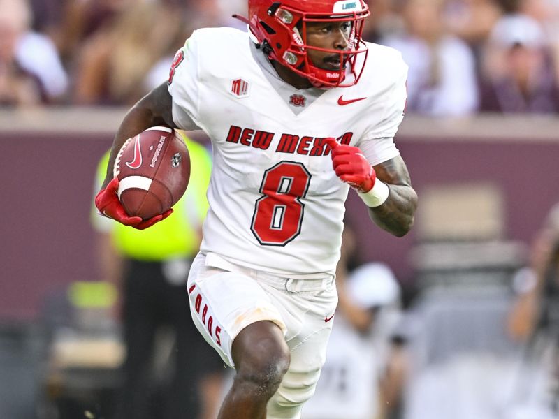 Sep 2, 2023; College Station, Texas, USA; New Mexico Lobos wide receiver Jeremiah Hixon (8) runs the ball during the second quarter against the Texas A&M Aggies at Kyle Field. Mandatory Credit: Maria Lysaker-USA TODAY Sports