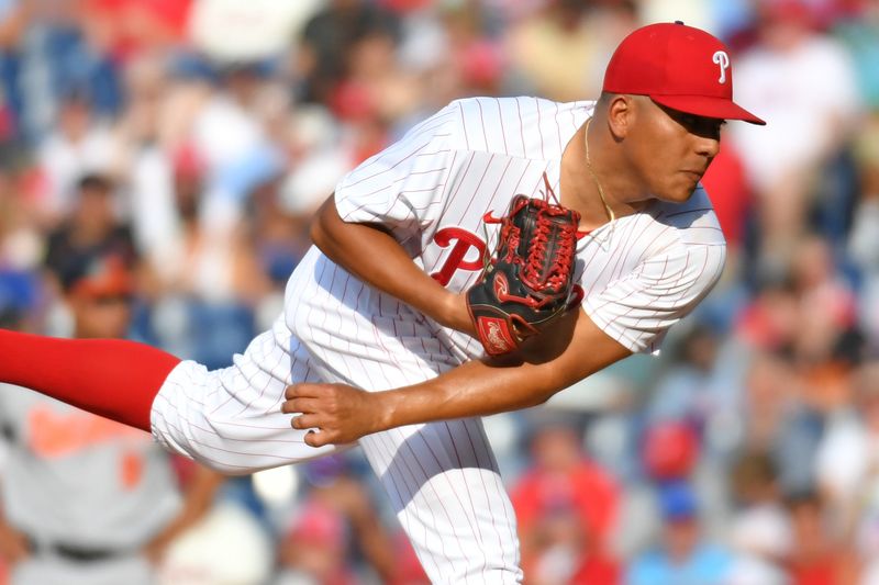 Jul 26, 2023; Philadelphia, Pennsylvania, USA; Philadelphia Phillies starting pitcher Ranger Suarez (55) throws a pitch during the first inning against the Baltimore Orioles at Citizens Bank Park. Mandatory Credit: Eric Hartline-USA TODAY Sports