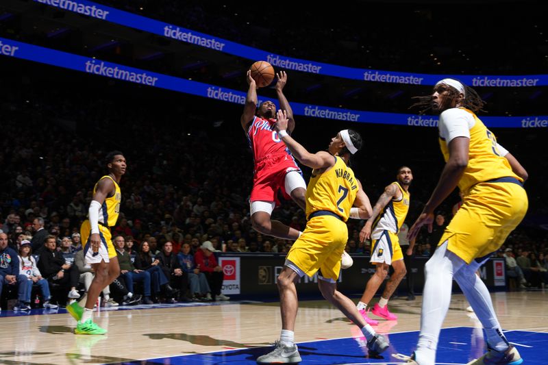 PHILADELPHIA, PA - DECEMBER 13: Tyrese Maxey #0 of the Philadelphia 76ers shoots the ball during the game against the Indiana Pacers on December 13, 2024 at the Wells Fargo Center in Philadelphia, Pennsylvania NOTE TO USER: User expressly acknowledges and agrees that, by downloading and/or using this Photograph, user is consenting to the terms and conditions of the Getty Images License Agreement. Mandatory Copyright Notice: Copyright 2024 NBAE (Photo by Jesse D. Garrabrant/NBAE via Getty Images)