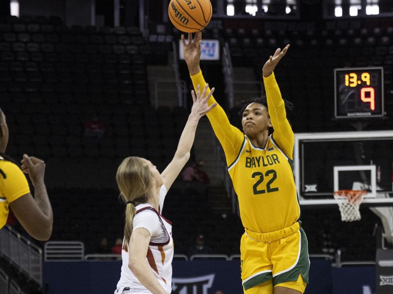 Mar 9, 2024; Kansas City, MO, USA; Baylor Lady Bears guard Bella Fontleroy (22) shoots the ball while defended by Iowa State Cyclones guard Emily Ryan (11) during the first half at T-Mobile Center. Mandatory Credit: Amy Kontras-USA TODAY Sports