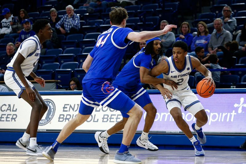 Mar 4, 2025; Colorado Springs, Colorado, USA; Boise State Broncos forward Tyson Degenhart (2) controls the ball under pressure from Boise State Broncos guard Chris Lockett Jr. (7) as forward Josh Gatete (0) and forward Dylan Anderson (44) look on in the second half at Clune Arena. Mandatory Credit: Isaiah J. Downing-Imagn Images