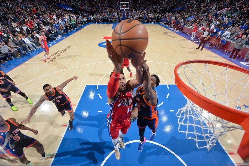 PHILADELPHIA, PA - FEBRUARY 10: Tobias Harris #12 of the Philadelphia 76ers drives to the basket during the game against the New York Knicks on February 10, 2023 at the Wells Fargo Center in Philadelphia, Pennsylvania NOTE TO USER: User expressly acknowledges and agrees that, by downloading and/or using this Photograph, user is consenting to the terms and conditions of the Getty Images License Agreement. Mandatory Copyright Notice: Copyright 2023 NBAE (Photo by Jesse D. Garrabrant/NBAE via Getty Images)