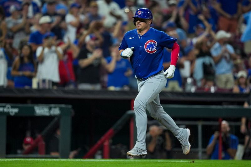 Sep 20, 2025; Cincinnati, Ohio, USA; Chicago Cubs catcher Reese McGuire (20) runs the bases after hitting a solo home run against the Cincinnati Reds in the fifth inning at Great American Ball Park. Mandatory Credit: Aaron Doster-Imagn Images