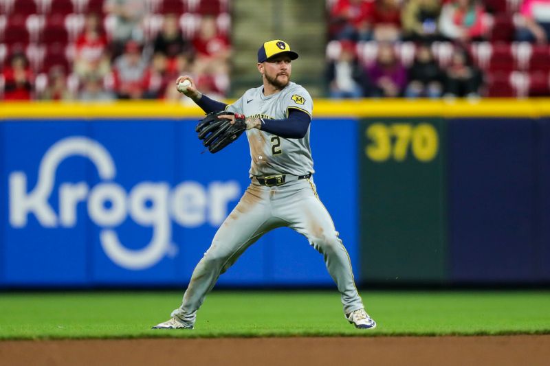 Apr 9, 2024; Cincinnati, Ohio, USA; Milwaukee Brewers second baseman Brice Turang (2) throws to first to get Cincinnati Reds first baseman Christian Encarnacion-Strand (not pictured) out in the eighth inning at Great American Ball Park. Mandatory Credit: Katie Stratman-USA TODAY Sports