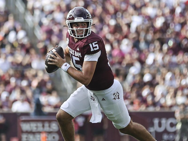 Sep 16, 2023; College Station, Texas, USA; Texas A&M Aggies quarterback Conner Weigman (15) rolls out of the pocket on a play during the second quarter against the Louisiana Monroe Warhawks at Kyle Field. Mandatory Credit: Troy Taormina-USA TODAY Sports