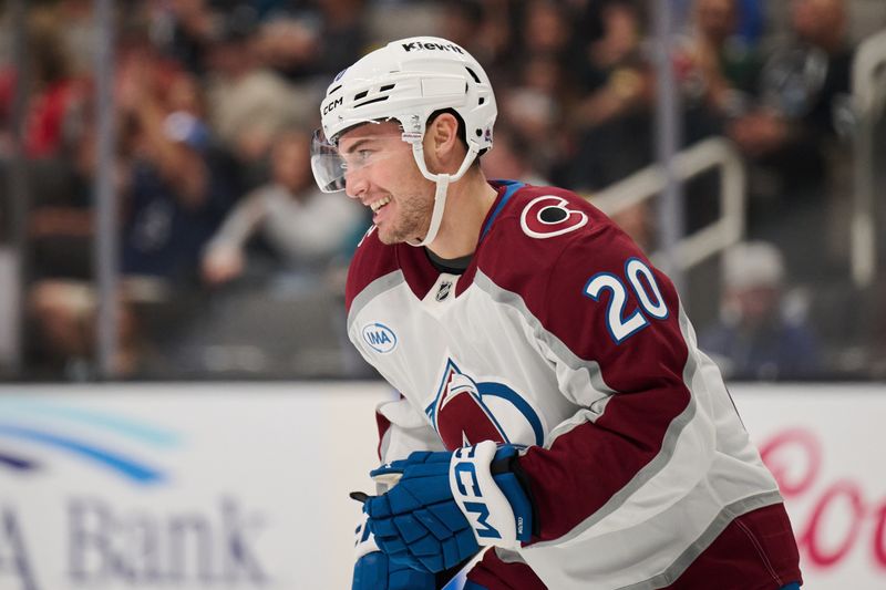 Oct 20, 2024; San Jose, California, USA; Colorado Avalanche center Ross Colton (20) reacts after scoring a goal against the San Jose Sharks during the first period at SAP Center at San Jose. Mandatory Credit: Robert Edwards-Imagn Images