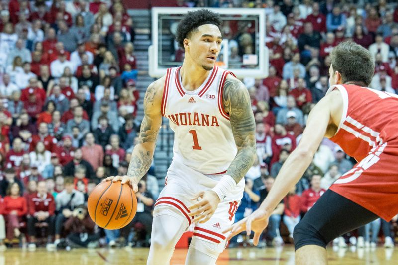 Jan 14, 2023; Bloomington, Indiana, USA; Indiana Hoosiers guard Jalen Hood-Schifino (1) dribbles the ball in the first half against the Wisconsin Badgers at Simon Skjodt Assembly Hall. Mandatory Credit: Trevor Ruszkowski-USA TODAY Sports