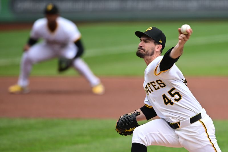 May 4, 2025; Pittsburgh, Pennsylvania, USA; Pittsburgh Pirates starting pitcher Andrew Heaney (45) throws a pitch during the first inning against the San Diego Padres at PNC Park. Mandatory Credit: David Dermer-Imagn Images