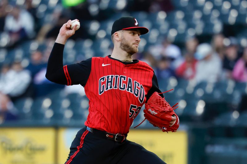 May 23, 2025; Chicago, Illinois, USA; Chicago White Sox starting pitcher Sean Burke (59) delivers a pitch against the Texas Rangers during the first inning at Rate Field. Mandatory Credit: Kamil Krzaczynski-Imagn Images