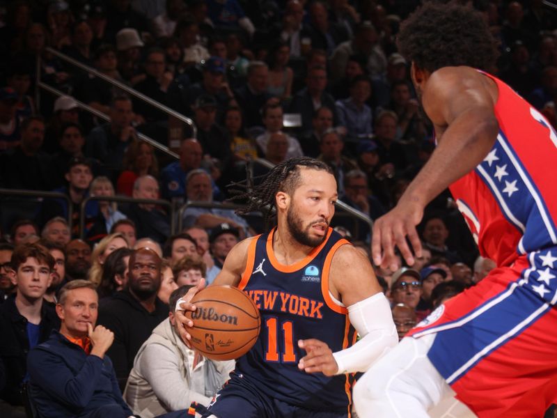 NEW YORK, NY - APRIL 22:  Jalen Brunson #11 of the New York Knicks handles the ball during the game  against the Philadelphia 76ers during Round 1 Game 2 of the 2024 NBA Playoffs on April 22, 2024 at Madison Square Garden in New York City, New York.  NOTE TO USER: User expressly acknowledges and agrees that, by downloading and or using this photograph, User is consenting to the terms and conditions of the Getty Images License Agreement. Mandatory Copyright Notice: Copyright 2024 NBAE  (Photo by Nathaniel S. Butler/NBAE via Getty Images)