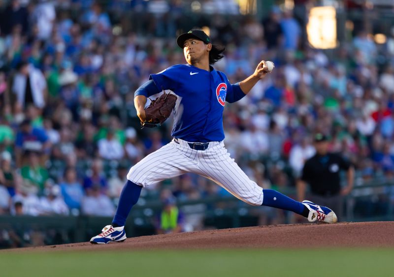 Mar 17, 2026; Mesa, Arizona, USA; Chicago Cubs pitcher Shota Imanaga against the Los Angeles Angels during a spring training game at Sloan Park. Mandatory Credit: Mark J. Rebilas-Imagn Images