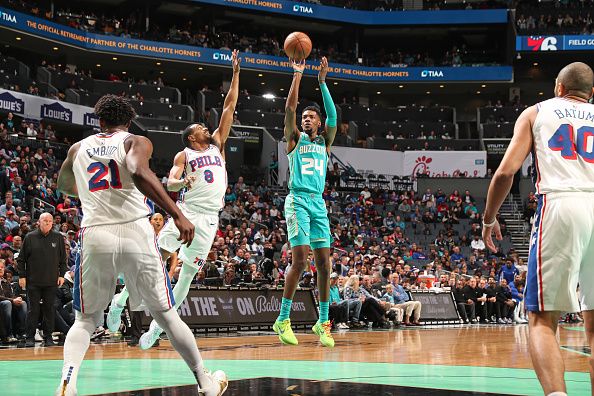 CHARLOTTE, NC - DECEMBER 16: Brandon Miller #24 of the Charlotte Hornets shoots the ball during the game against the Philadelphia 76ers on December 16, 2023 at Spectrum Center in Charlotte, North Carolina. NOTE TO USER: User expressly acknowledges and agrees that, by downloading and or using this photograph, User is consenting to the terms and conditions of the Getty Images License Agreement. Mandatory Copyright Notice: Copyright 2023 NBAE (Photo by Kent Smith/NBAE via Getty Images)