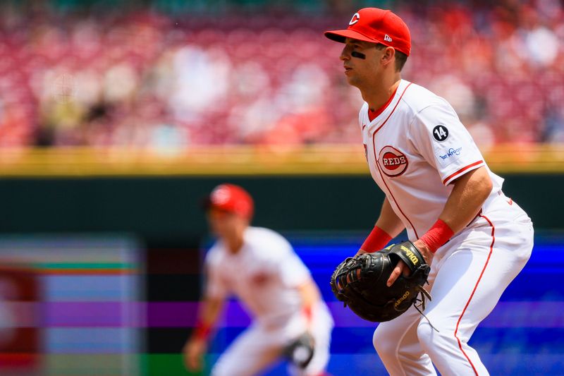 Jun 4, 2025; Cincinnati, Ohio, USA; Cincinnati Reds first baseman Spencer Steer (7) prepares for the pitch in the fourth inning against the Milwaukee Brewers at Great American Ball Park. Mandatory Credit: Katie Stratman-Imagn Images