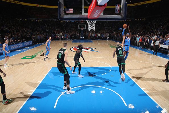 OKLAHOMA CITY, OK - JANUARY 2: Shai Gilgeous-Alexander #2 of the Oklahoma City Thunder shoots the ball during the game against the Boston Celtics on January 2, 2024 at Paycom Arena in Oklahoma City, Oklahoma. NOTE TO USER: User expressly acknowledges and agrees that, by downloading and or using this photograph, User is consenting to the terms and conditions of the Getty Images License Agreement. Mandatory Copyright Notice: Copyright 2024 NBAE (Photo by Zach Beeker/NBAE via Getty Images)