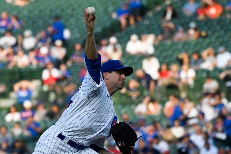 May 30, 2023; Chicago, Illinois, USA;  Chicago Cubs starting pitcher Kyle Hendricks (28) delivers against the Tampa Bay Rays during the first inning at Wrigley Field. Mandatory Credit: Matt Marton-USA TODAY Sports