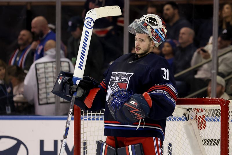 Dec 6, 2024; New York, New York, USA; New York Rangers goaltender Igor Shesterkin (31) during the second period against the Pittsburgh Penguins at Madison Square Garden. Mandatory Credit: Brad Penner-Imagn Images