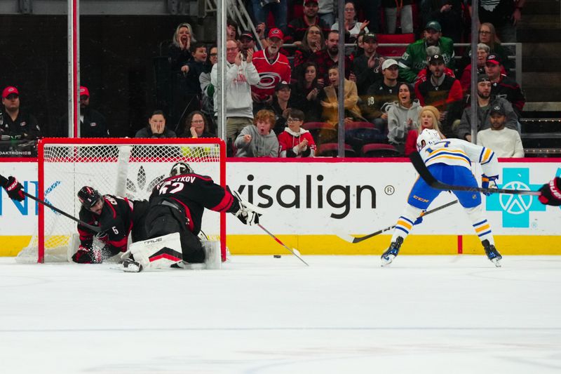 Dec 2, 2023; Raleigh, North Carolina, USA; Buffalo Sabres center Tyson Jost (17) scores a goal past Carolina Hurricanes goaltender Pyotr Kochetkov (52) and  defenseman Jalen Chatfield (5) during the third period at PNC Arena. Mandatory Credit: James Guillory-USA TODAY Sports