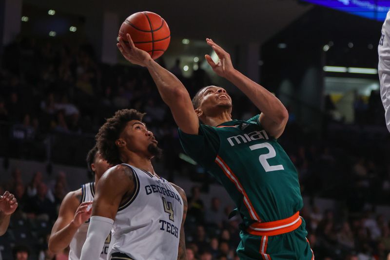 Jan 4, 2023; Atlanta, Georgia, USA; Miami Hurricanes guard Isaiah Wong (2) shoots against the Georgia Tech Yellow Jackets in the first half at McCamish Pavilion. Mandatory Credit: Brett Davis-USA TODAY Sports