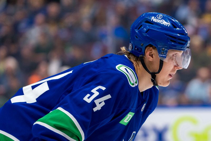 Sep 24, 2024; Vancouver, British Columbia, CAN; Vancouver Canucks forward Aatu Raty (54) during a stop in play against the Seattle Kraken during the first period at Rogers Arena. Mandatory Credit: Bob Frid-Imagn Images