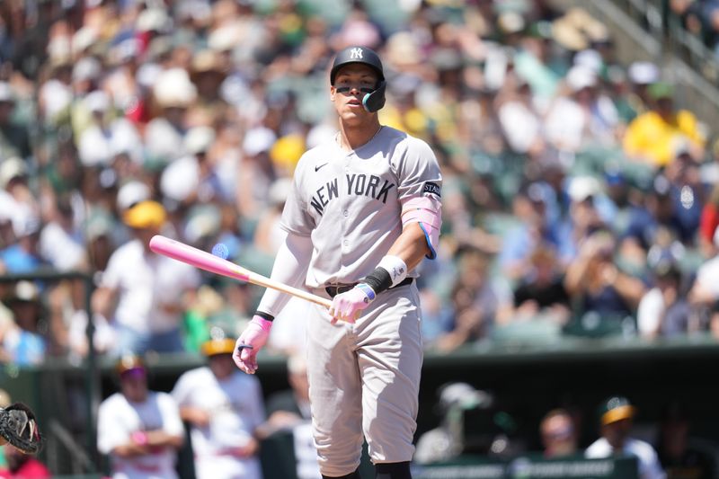 May 11, 2025; West Sacramento, California, USA; New York Yankees right fielder Aaron Judge (99) stands near the plate against the Athletics in the first inning at Sutter Health Park. Mandatory Credit: Cary Edmondson-Imagn Images