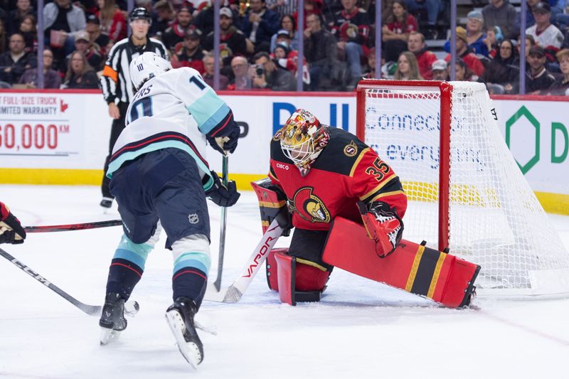 Oct 16, 2025; Ottawa, Ontario, CAN; Seattle Kraken center Matty Beniers (10) shoots on Ottawa Senators goalie LIinus Ullmark (35) in the second period at the Canadian Tire Centre. Mandatory Credit: Marc DesRosiers-IMAGN Images