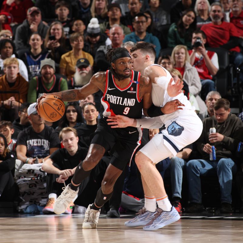 PORTLAND, OR - NOVEMBER 10: Jerami Grant #9 of the Portland Trail Blazers dribbles the ball during the game against the Memphis Grizzlies on November 10, 2024 at the Moda Center Arena in Portland, Oregon. NOTE TO USER: User expressly acknowledges and agrees that, by downloading and or using this photograph, user is consenting to the terms and conditions of the Getty Images License Agreement. Mandatory Copyright Notice: Copyright 2024 NBAE (Photo by Cameron Browne/NBAE via Getty Images)