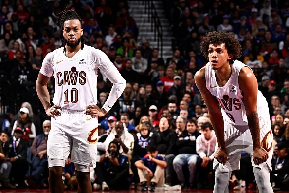 PHILADELPHIA, PA - NOVEMBER 21: Darius Garland #10 and Craig Porter #9 of the Cleveland Cavaliers looks on during the game against the Philadelphia 76ers during the In-Season Tournament on November 21, 2023 at the Wells Fargo Center in Philadelphia, Pennsylvania NOTE TO USER: User expressly acknowledges and agrees that, by downloading and/or using this Photograph, user is consenting to the terms and conditions of the Getty Images License Agreement. Mandatory Copyright Notice: Copyright 2023 NBAE (Photo by David Dow/NBAE via Getty Images)