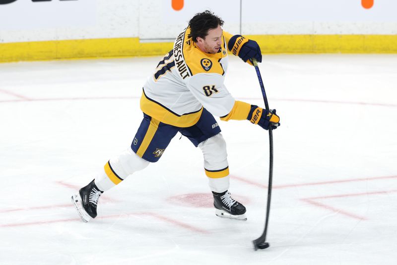 Jan 7, 2025; Winnipeg, Manitoba, CAN; Nashville Predators center Jonathan Marchessault (81) warms up before a game against the Winnipeg Jets at Canada Life Centre. Mandatory Credit: James Carey Lauder-Imagn Images