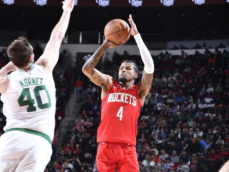 HOUSTON, TX - JANUARY 3:  Jalen Green #4 of the Houston Rockets shoots the ball during the game against the Boston Celtics on January 3, 2025 at the Toyota Center in Houston, Texas. NOTE TO USER: User expressly acknowledges and agrees that, by downloading and or using this photograph, User is consenting to the terms and conditions of the Getty Images License Agreement. Mandatory Copyright Notice: Copyright 2025 NBAE (Photo by Logan Riely/NBAE via Getty Images)