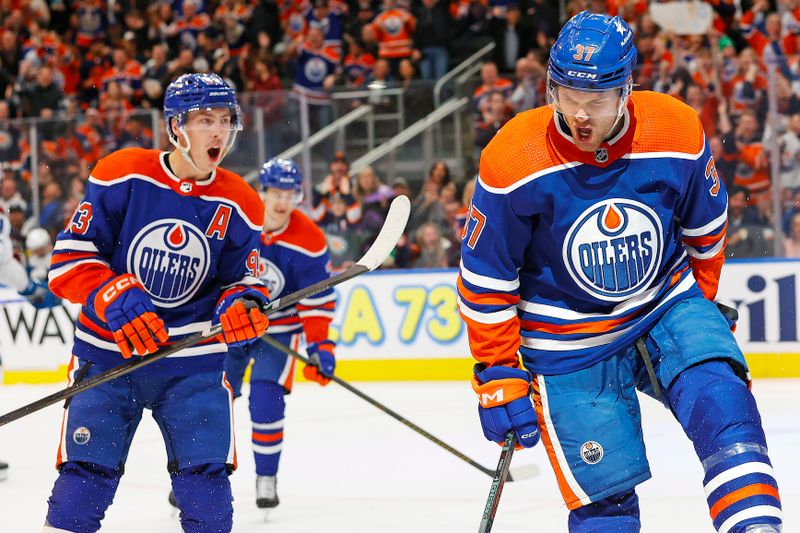 Mar 16, 2024; Edmonton, Alberta, CAN; The Edmonton Oilers celebrate a goal scored by forward Warren Foegele (37) during the third period against the Colorado Avalanche at Rogers Place. Mandatory Credit: Perry Nelson-USA TODAY Sports