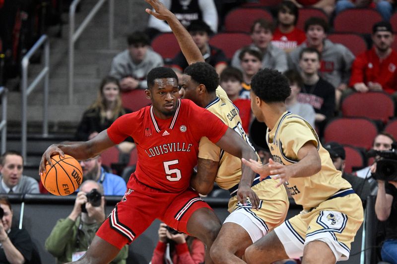 Feb 10, 2024; Louisville, Kentucky, USA; Louisville Cardinals forward Brandon Huntley-Hatfield (5) posts up against Georgia Tech Yellow Jackets forward Tyzhaun Claude (12) and guard Kyle Sturdivant (1) during the first half at KFC Yum! Center. Mandatory Credit: Jamie Rhodes-USA TODAY Sports