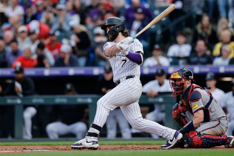 Aug 9, 2024; Denver, Colorado, USA; Colorado Rockies second baseman Brendan Rodgers (7) hits an RBI double in the third inning against the Atlanta Braves at Coors Field. Mandatory Credit: Isaiah J. Downing-USA TODAY Sports