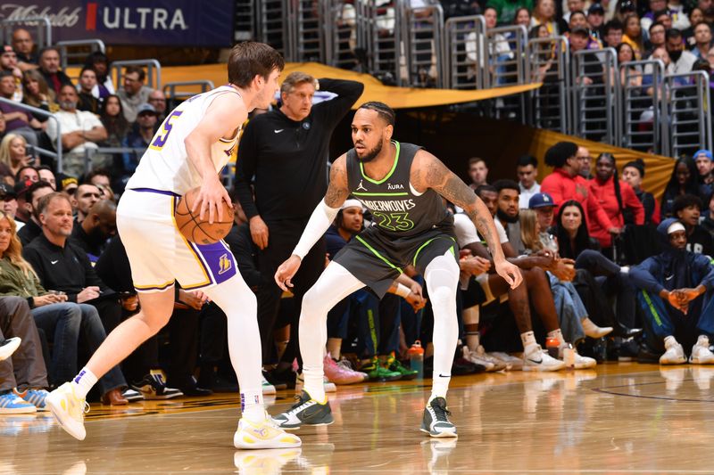 LOS ANGELES, CA - APRIL 7: Monte Morris #23 of the Minnesota Timberwolves plays defense during the game against the Los Angeles Lakers on April 7, 2024 at Crypto.Com Arena in Los Angeles, California. NOTE TO USER: User expressly acknowledges and agrees that, by downloading and/or using this Photograph, user is consenting to the terms and conditions of the Getty Images License Agreement. Mandatory Copyright Notice: Copyright 2024 NBAE (Photo by Juan Ocampo/NBAE via Getty Images)