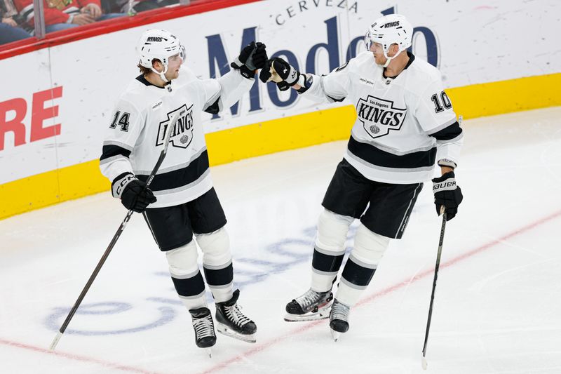 Oct 26, 2025; Chicago, Illinois, USA; Los Angeles Kings right wing Alex Laferriere (14) celebrates with right wing Corey Perry (10) after scoring against the Chicago Blackhawks during the second period at United Center. Mandatory Credit: Kamil Krzaczynski-Imagn Images