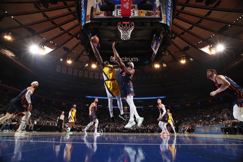 NEW YORK, NY - FEBRUARY 1: Pascal Siakam #43 of the Indiana Pacers drives to the basket during the game against the New York Knicks on February 1, 2024 at Madison Square Garden in New York City, New York.  NOTE TO USER: User expressly acknowledges and agrees that, by downloading and or using this photograph, User is consenting to the terms and conditions of the Getty Images License Agreement. Mandatory Copyright Notice: Copyright 2024 NBAE  (Photo by Nathaniel S. Butler/NBAE via Getty Images)