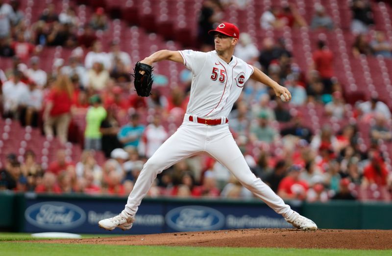 Aug 7, 2023; Cincinnati, Ohio, USA; Cincinnati Reds starting pitcher Brandon Williamson (55) throws against the Miami Marlins during the first inning at Great American Ball Park. Mandatory Credit: David Kohl-USA TODAY Sports