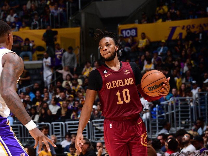 LOS ANGELES, CA - NOVEMBER 6: Darius Garland #10 of the Cleveland Cavaliers dribbles the ball during the game against the Los Angeles Lakers on November 6, 2022 at Crypto.Com Arena in Los Angeles, California. NOTE TO USER: User expressly acknowledges and agrees that, by downloading and/or using this Photograph, user is consenting to the terms and conditions of the Getty Images License Agreement. Mandatory Copyright Notice: Copyright 2022 NBAE (Photo by Adam Pantozzi/NBAE via Getty Images)