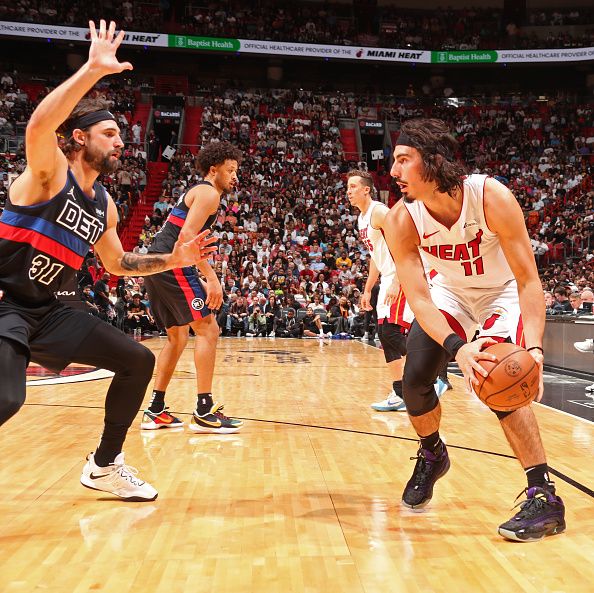 MIAMI, FL - OCTOBER 25: Jaime Jaquez Jr. #11 of the Miami Heat handles the ball during the game against the Detroit Pistons on October 25, 2023 at Kaseya Center in Miami, Florida. NOTE TO USER: User expressly acknowledges and agrees that, by downloading and or using this Photograph, user is consenting to the terms and conditions of the Getty Images License Agreement. Mandatory Copyright Notice: Copyright 2023 NBAE (Photo by Issac Baldizon/NBAE via Getty Images)