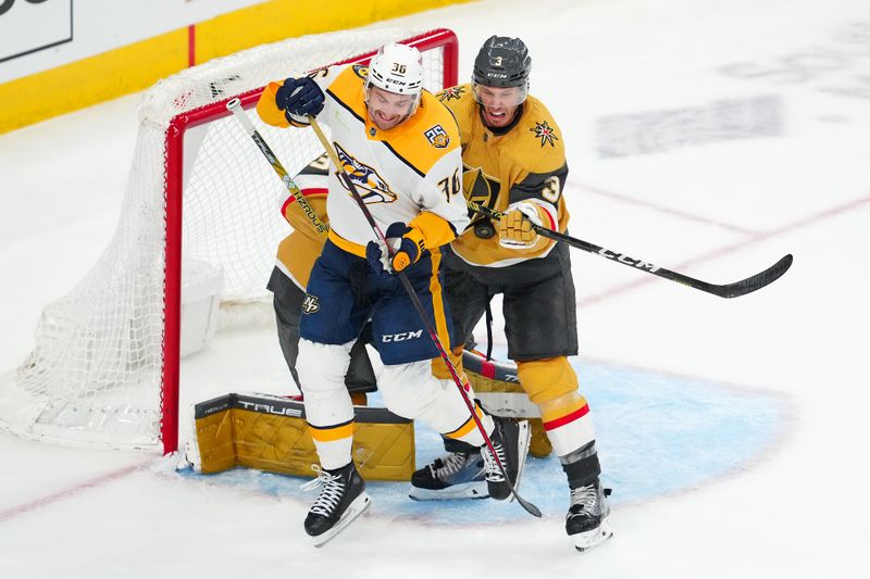 Feb 20, 2024; Las Vegas, Nevada, USA; Vegas Golden Knights defenseman Brayden McNabb (3) blocks a shot while checking Nashville Predators left wing Cole Smith (36) in front of Vegas Golden Knights goaltender Adin Hill (33) during the third period at T-Mobile Arena. Mandatory Credit: Stephen R. Sylvanie-USA TODAY Sports