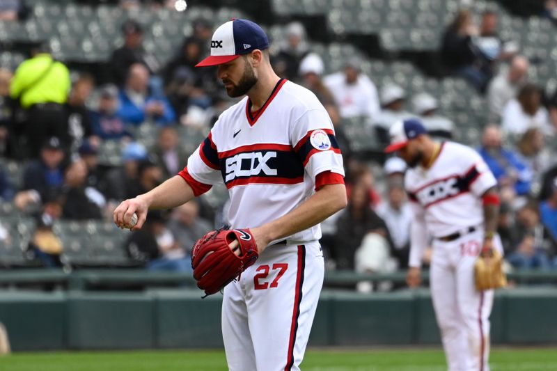 Jun 11, 2023; Chicago, Illinois, USA;  Chicago White Sox starting pitcher Lucas Giolito (27) after Miami Marlins designated hitter Jorge Soler (12) hits a home run during the fifth inning at Guaranteed Rate Field. Mandatory Credit: Matt Marton-USA TODAY Sports