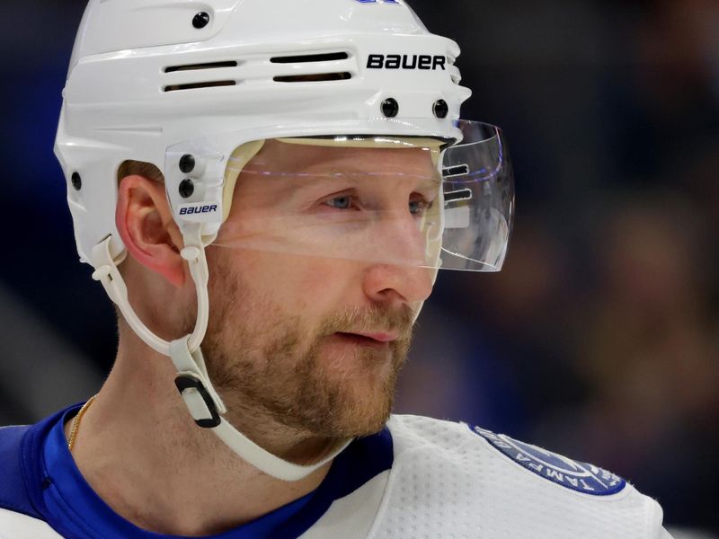 Jan 20, 2024; Buffalo, New York, USA;  Tampa Bay Lightning center Steven Stamkos (91) during a stoppage in play against the Buffalo Sabres during the second period at KeyBank Center. Mandatory Credit: Timothy T. Ludwig-USA TODAY Sports