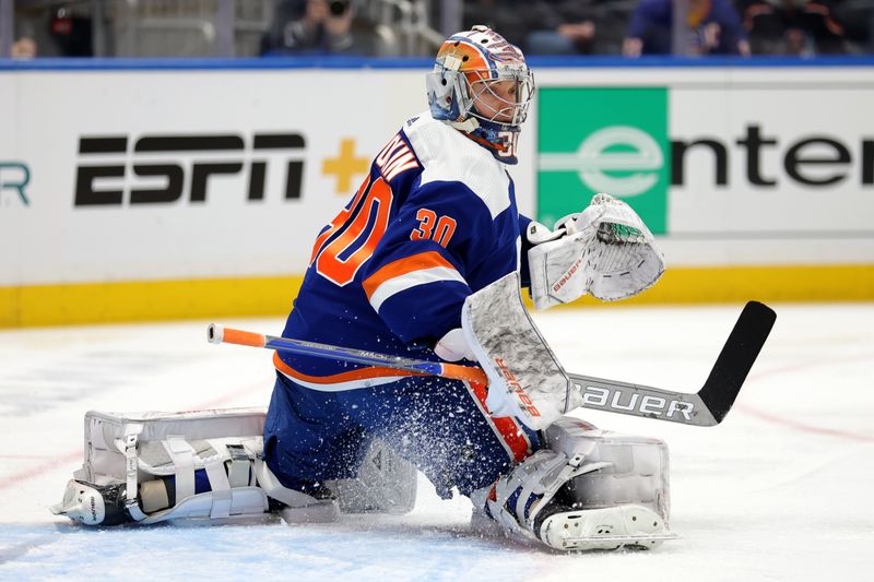 Dec 19, 2023; Elmont, New York, USA; New York Islanders goaltender Ilya Sorokin (30) tends net against the Edmonton Oilers during the first period at UBS Arena. Mandatory Credit: Brad Penner-USA TODAY Sports