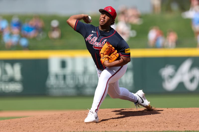 Mar 7, 2026; North Port, Florida, USA; Atlanta Braves pitcher Didier Fuentes (72) throws a pitch against the Baltimore Orioles in the seventh inning during spring Training at CoolToday Park. Mandatory Credit: Nathan Ray Seebeck-Imagn Images