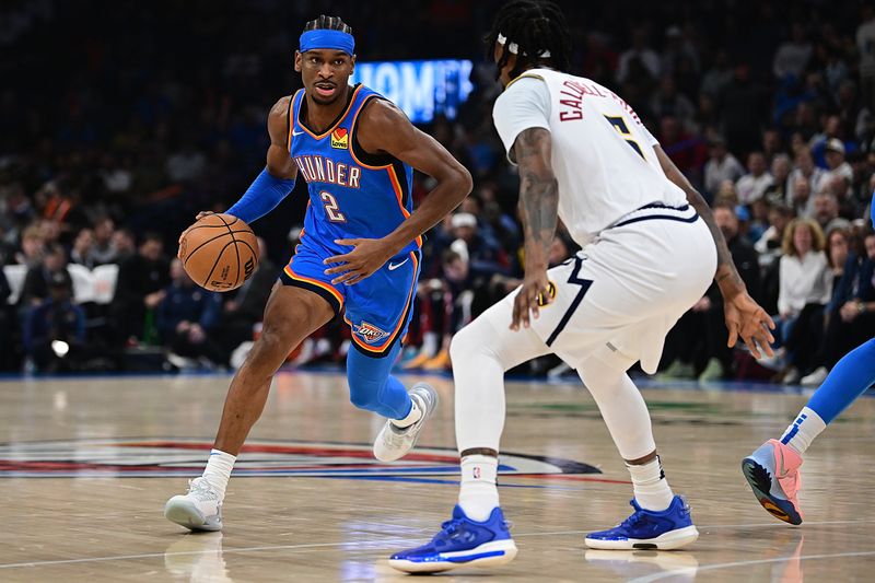 OKLAHOMA CITY, OKLAHOMA - JANUARY 31: Shai Gilgeous-Alexander #2 of the Oklahoma City Thunder brings the ball up court during the first half against the Denver Nuggets at Paycom Center on January 31, 2024 in Oklahoma City, Oklahoma. NOTE TO USER: User expressly acknowledges and agrees that, by downloading and or using this Photograph, user is consenting to the terms and conditions of the Getty Images License Agreement. (Photo by Joshua Gateley/Getty Images)