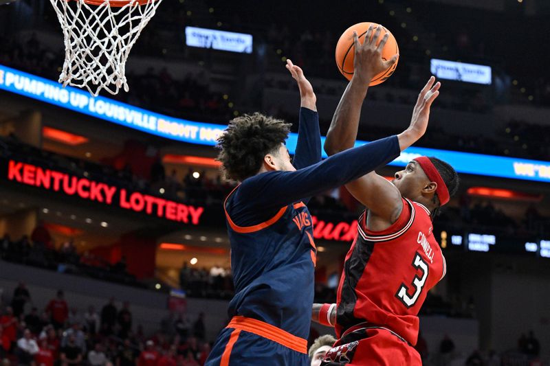 Jan 13, 2026; Louisville, Kentucky, USA;  Louisville Cardinals guard Ryan Conwell (3) shoots against Virginia Cavaliers guard Sam Lewis (5) during the second half at KFC Yum! Center. Virginia defeated Louisville 79-70. Mandatory Credit: Jamie Rhodes-Imagn Images
