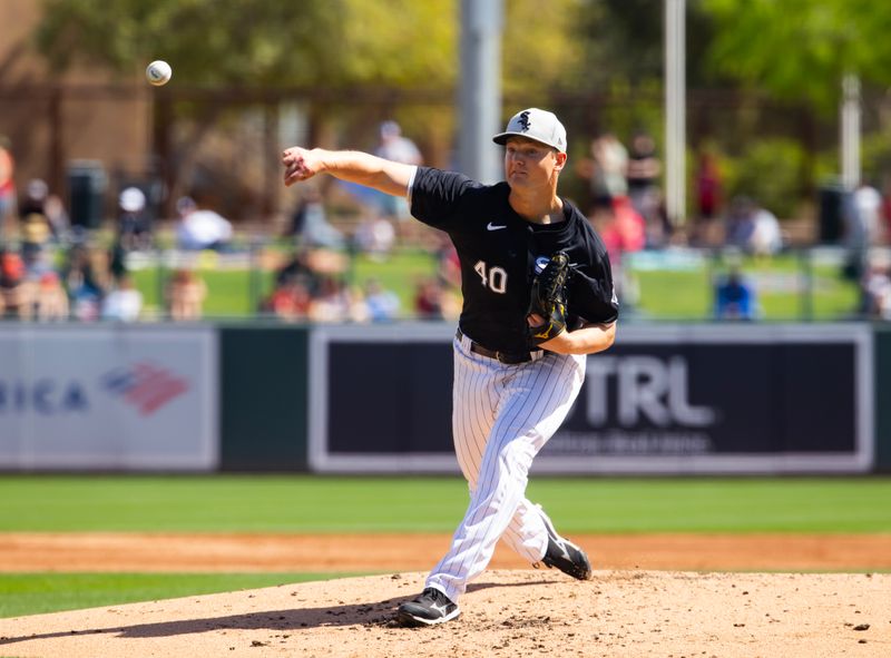 Mar 14, 2024; Phoenix, Arizona, USA; Chicago White Sox pitcher Michael Soroka against the Los Angeles Angels during a spring training baseball game at Camelback Ranch-Glendale. Mandatory Credit: Mark J. Rebilas-USA TODAY Sports