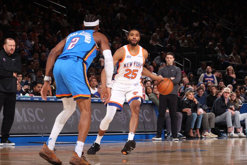 NEW YORK, NY - JANUARY 10:  Mikal Bridges #25 of the New York Knicks dribbles the ball during the game against the Oklahoma City Thunder  on January 10, 2025 at Madison Square Garden in New York City, New York.  NOTE TO USER: User expressly acknowledges and agrees that, by downloading and or using this photograph, User is consenting to the terms and conditions of the Getty Images License Agreement. Mandatory Copyright Notice: Copyright 2024 NBAE  (Photo by Nathaniel S. Butler/NBAE via Getty Images)