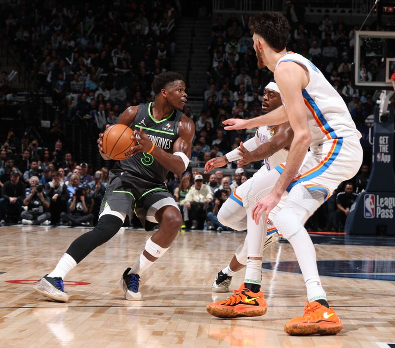 MINNEAPOLIS, MN -  FEBRUARY 23: Anthony Edwards #5 of the Minnesota Timberwolves handles the ball during the game against the Oklahoma City Thunder  on February 23, 2025 at Target Center in Minneapolis, Minnesota. NOTE TO USER: User expressly acknowledges and agrees that, by downloading and or using this Photograph, user is consenting to the terms and conditions of the Getty Images License Agreement. Mandatory Copyright Notice: Copyright 2025 NBAE (Photo by David Sherman/NBAE via Getty Images)